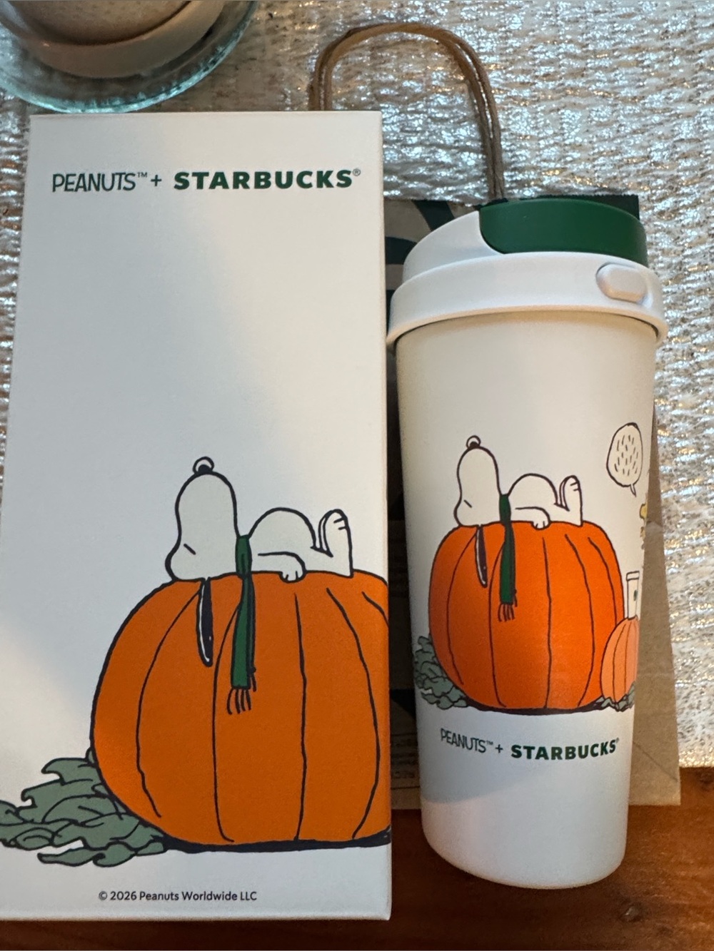 Starbucks White Travel Tumbler with Orange Pumpkin & Green Lid - Peanuts Snoopy